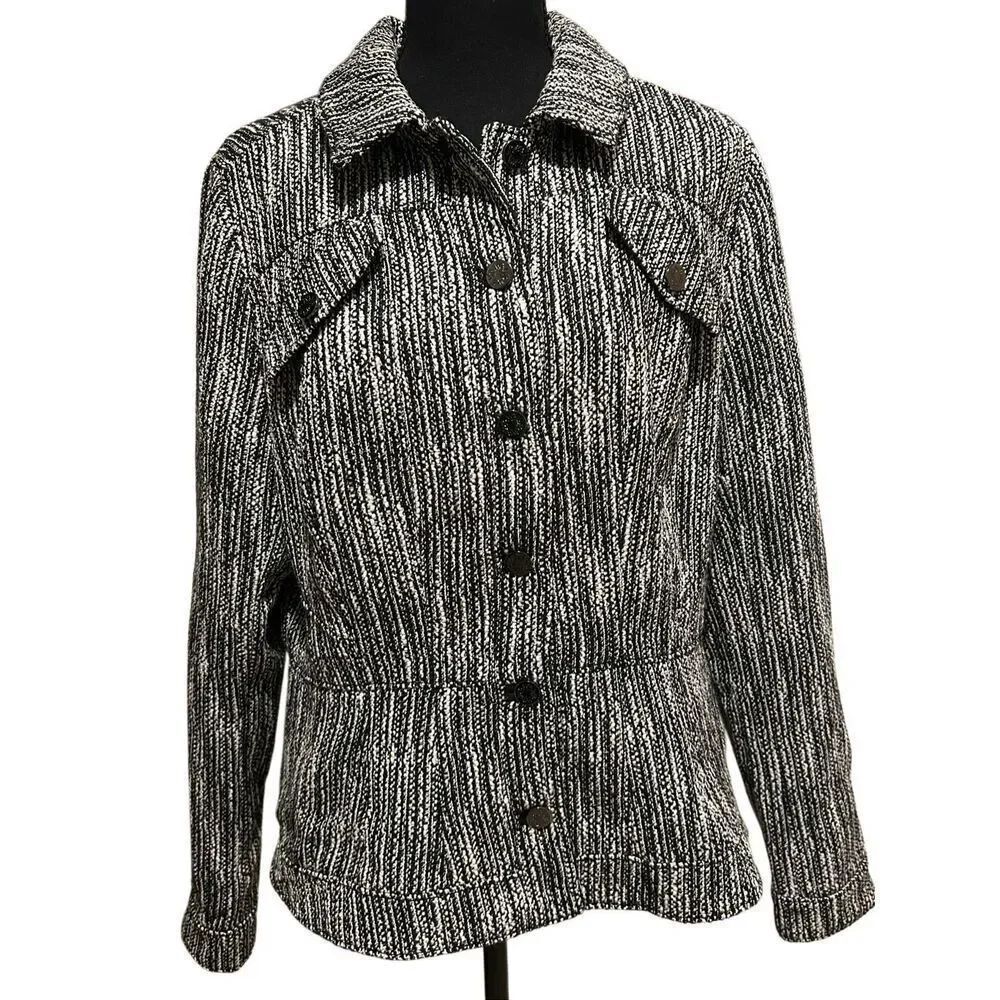 WHBM Black White Boucle Trucker Jacket Women’s Size Large Silver Bottons
